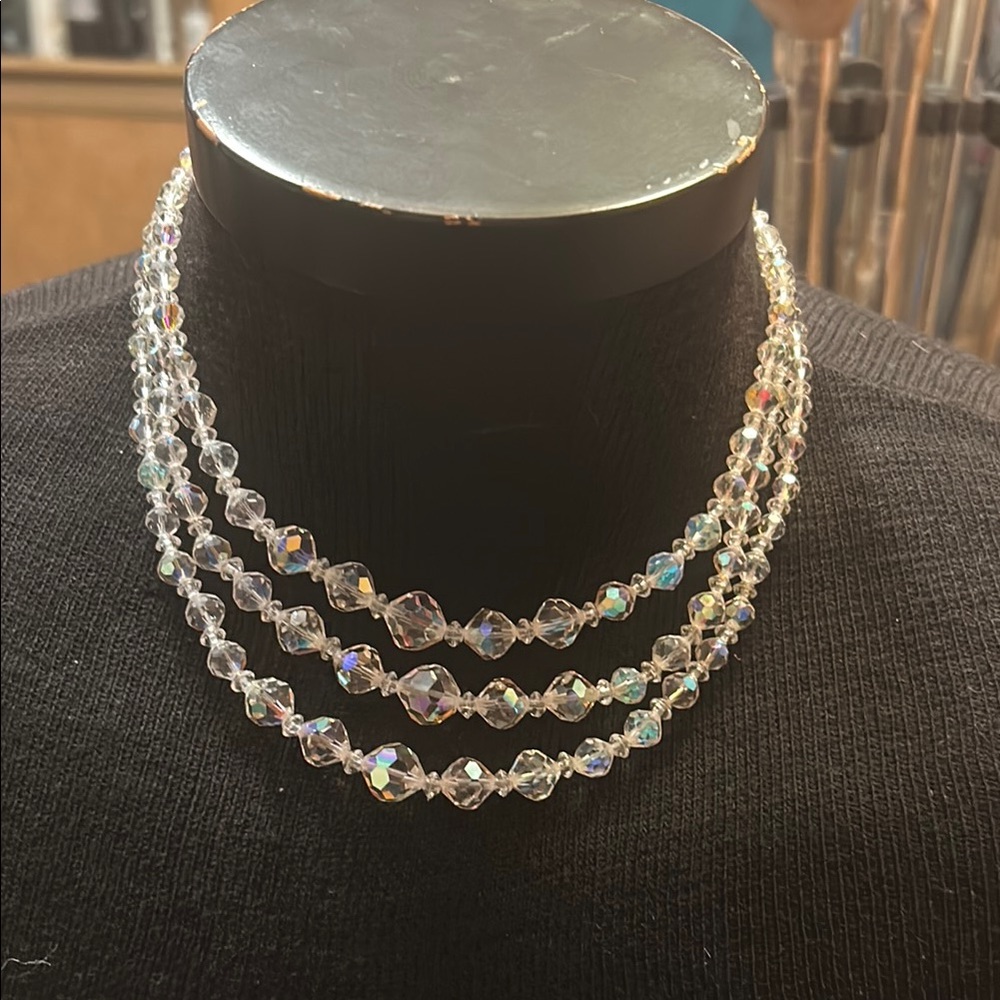 Clear Vintage aurora Borealis‎ crystal  Double-Strand Necklace and earrings